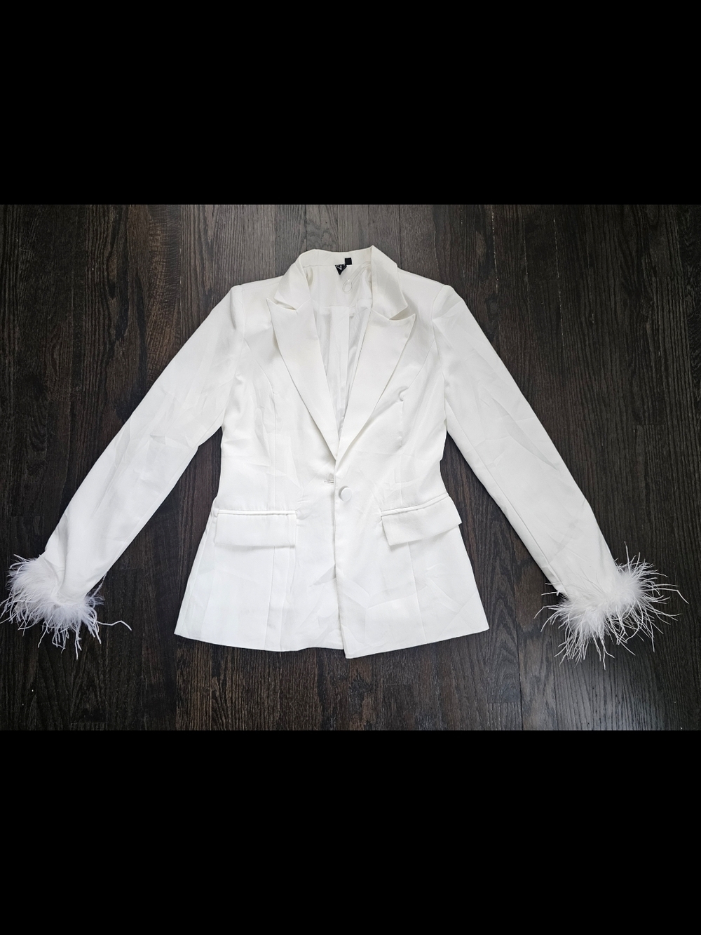 Women's White Blazer with Feather Cuff Detail